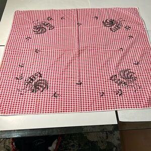 Vintage red white checkered farm tablecloth black embroidered roosters 34”x36”